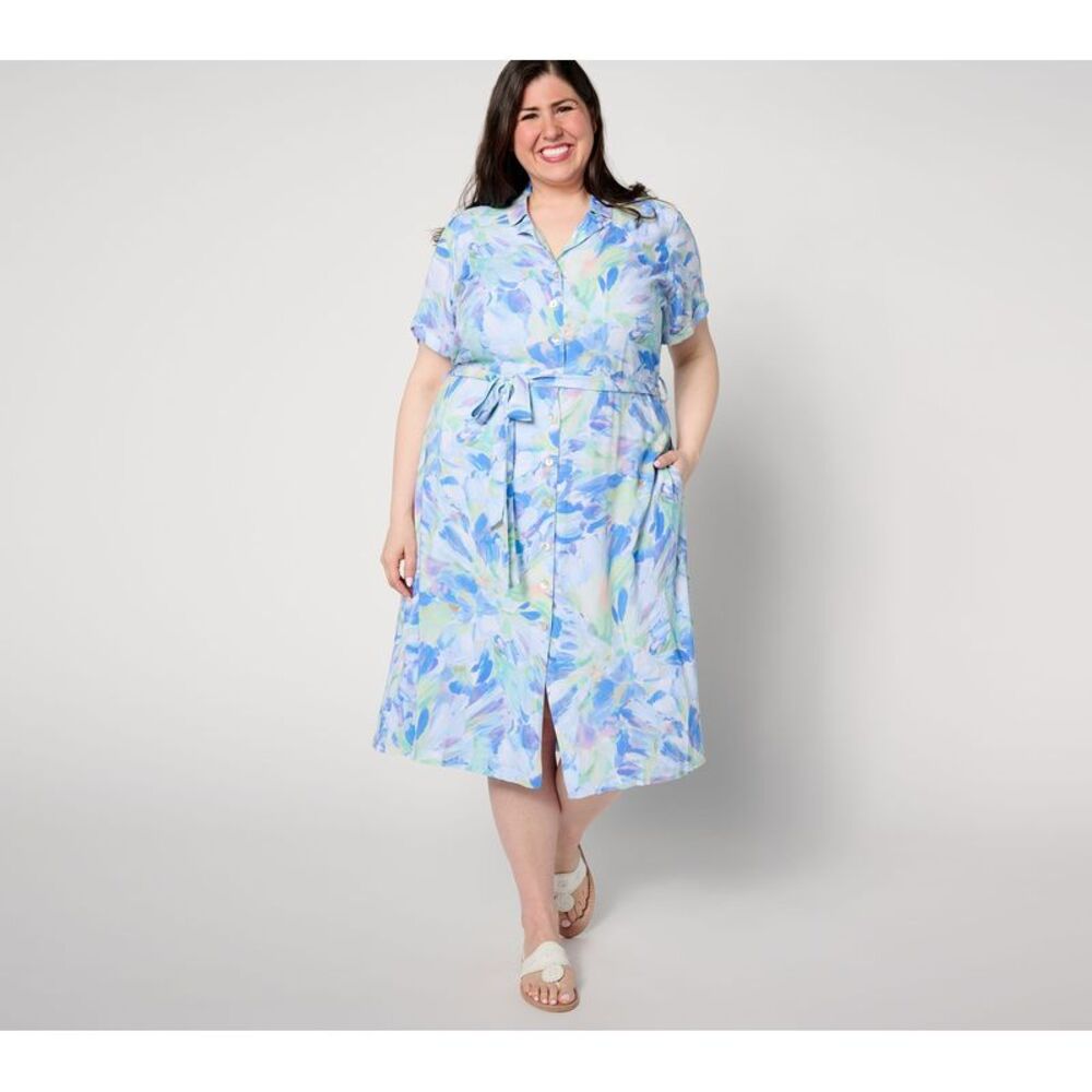 Side Stitch Women's Plus Sz Dress 1X Short-Sleeve Button-Front Midi Blue A640076